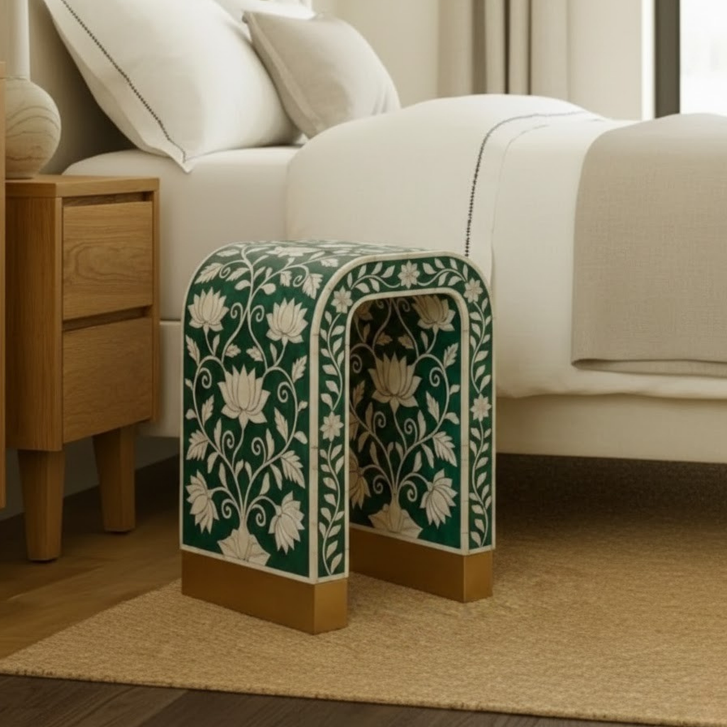 Floral Bone Inlay Accent Stool | Handmade Resin Side Table