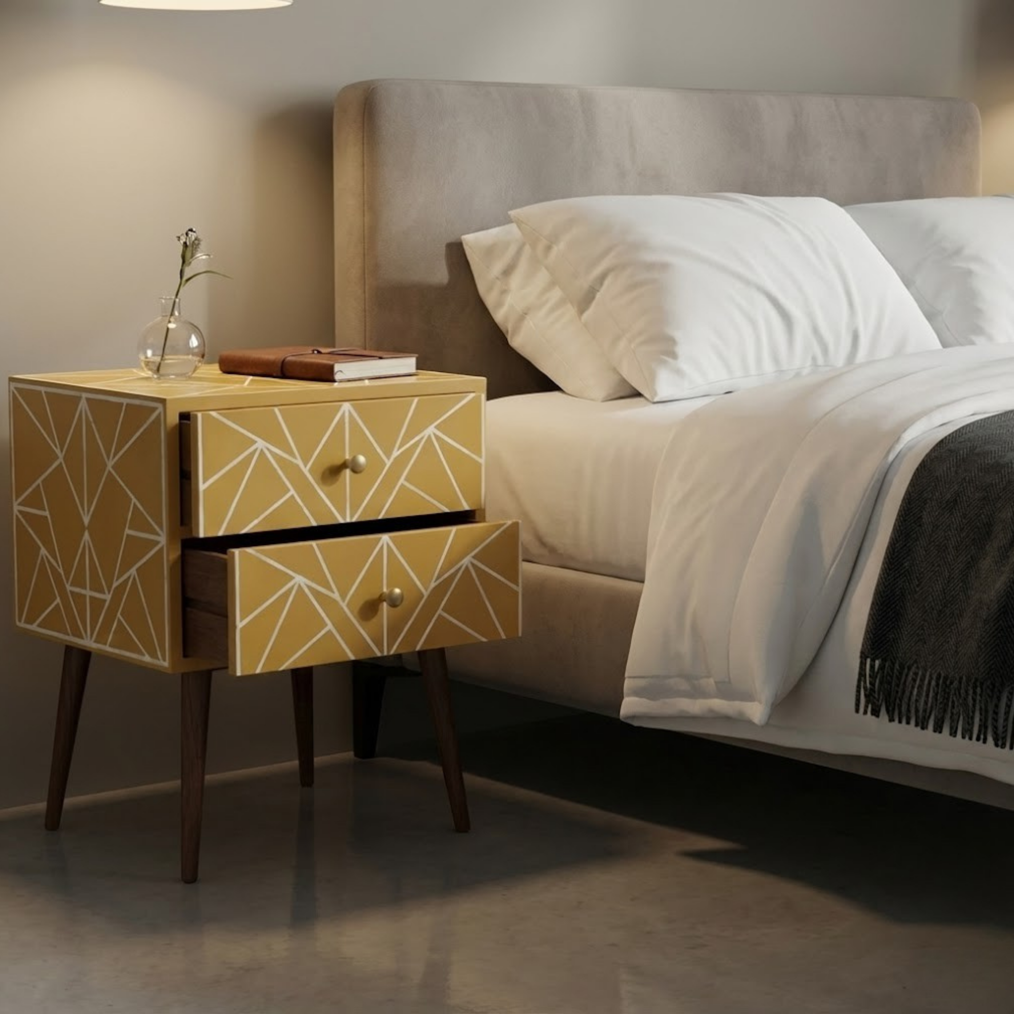 Handcrafted Bone Inlay & Resin End Table | Luxury Bedside Side Table | Artisan Furniture | Handmade Nightstand