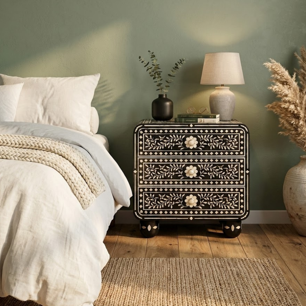 Handcrafted Bone Inlay & Resin End Table | Floral Bedside Nightstand | Luxury Home Decor