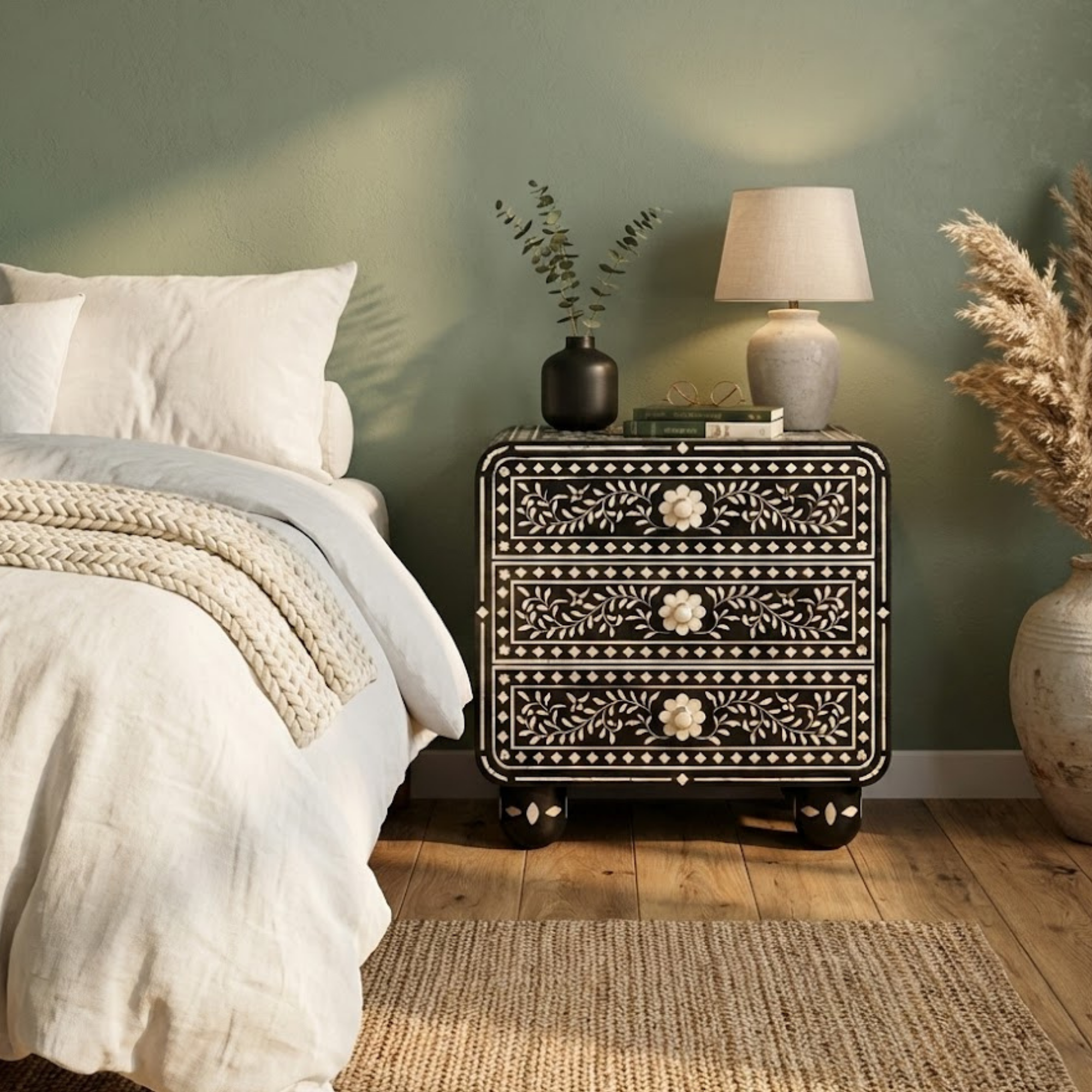 Handcrafted Bone Inlay & Resin End Table | Floral Bedside Nightstand | Luxury Home Decor
