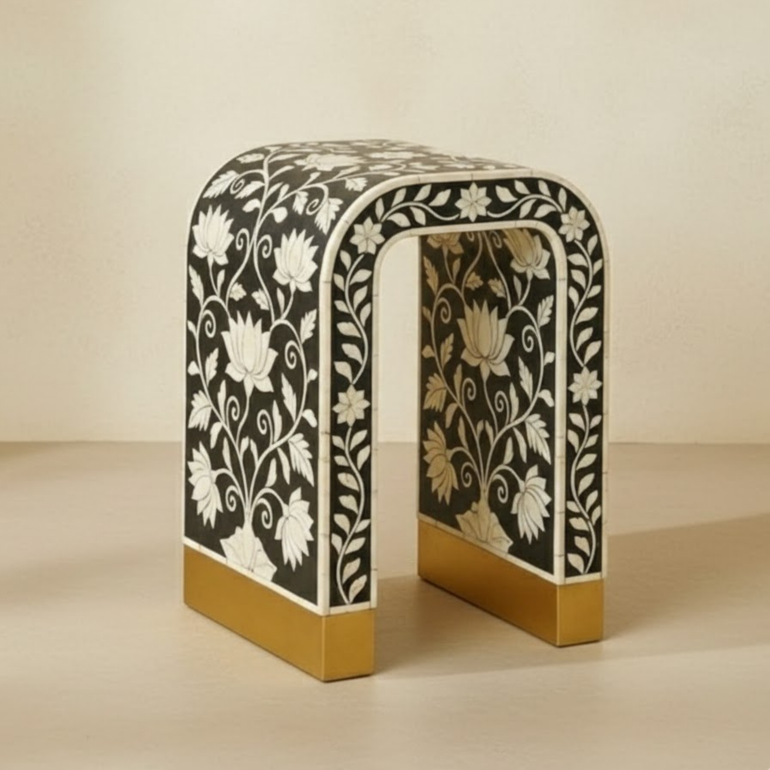 Floral Bone Inlay Accent Stool | Handmade Resin Side Table
