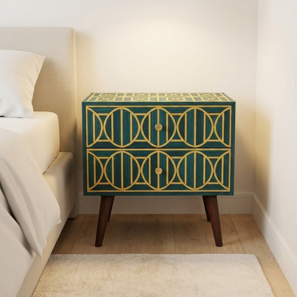 Bone Inlay Resin End Table with Drawers | Handmade Bedside Table | Modern Luxury Nightstand Decor