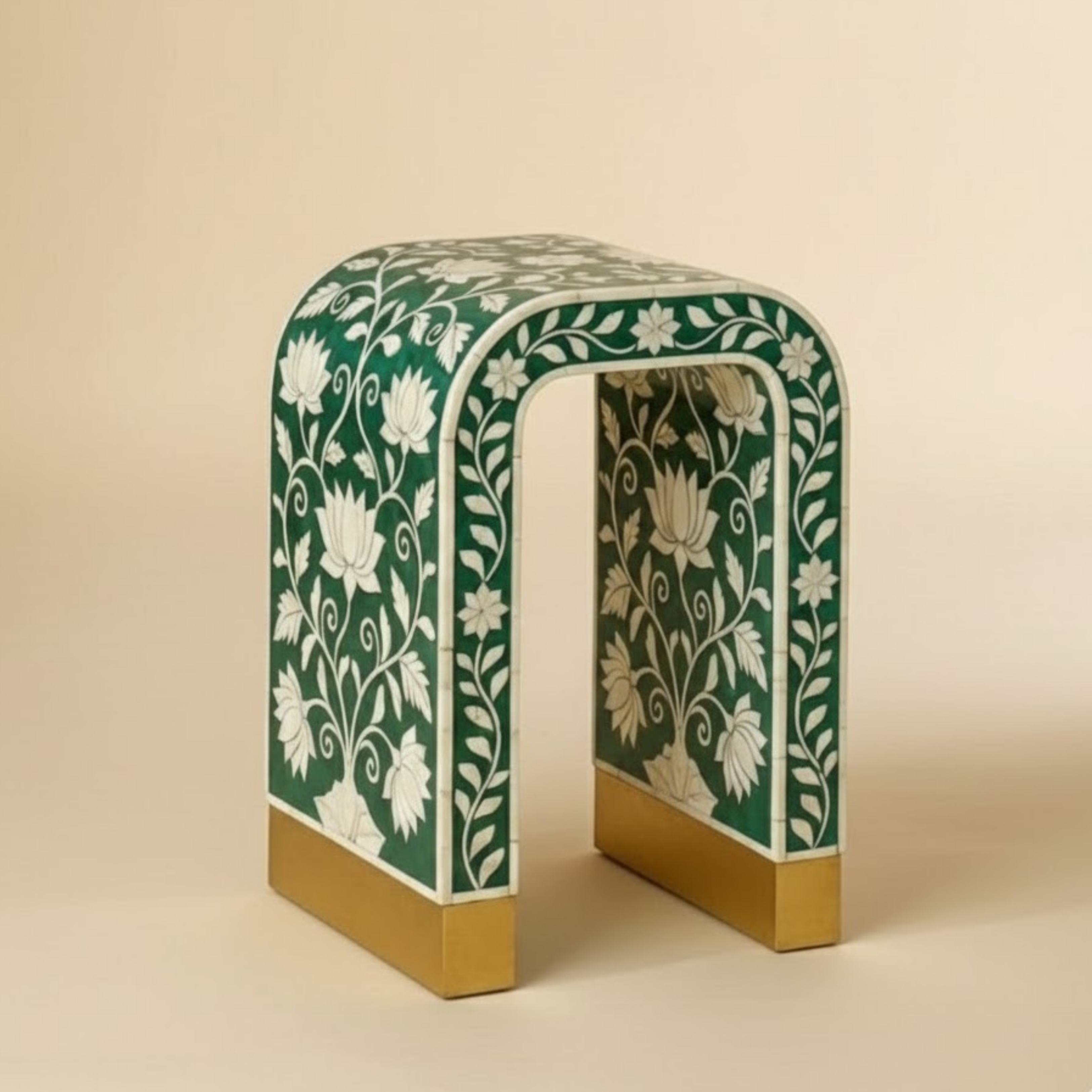 Floral Bone Inlay Accent Stool | Handmade Resin Side Table