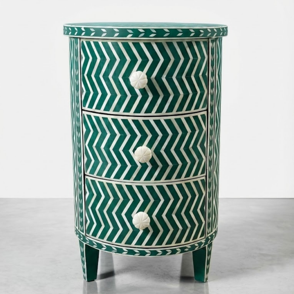 Black Bone Inlay Nightstand | Handmade Chevron 3-Drawer End Table