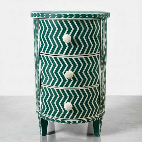 Black Bone Inlay Nightstand | Handmade Chevron 3-Drawer End Table