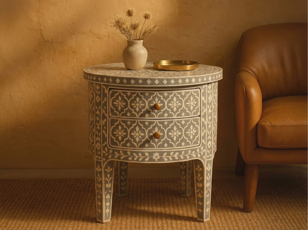 Handcrafted Bone Inlay Nightstand: Terracotta Floral Resin End Table