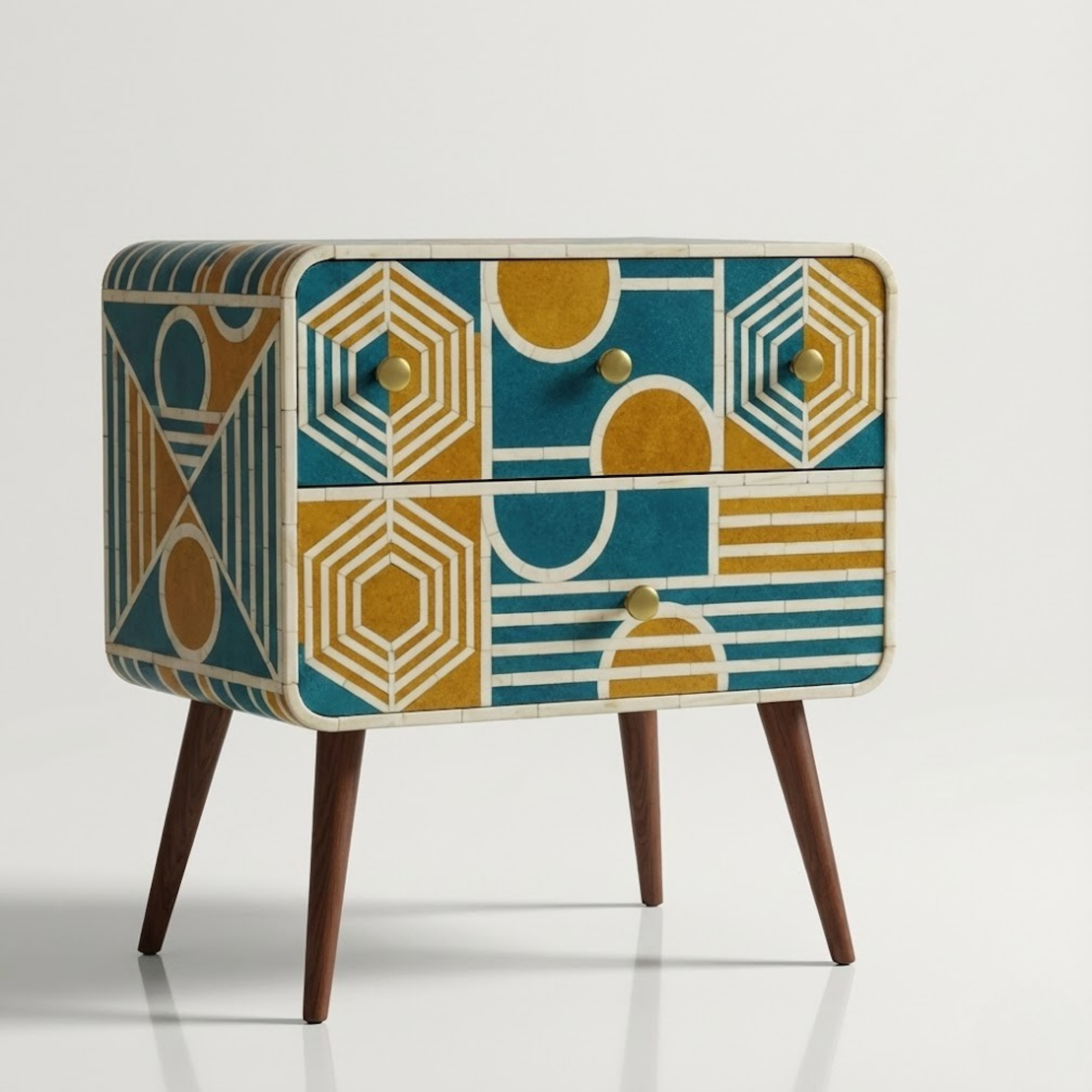 Bone Inlay End Table | Handmade Geometric Resin Accent Nightstand