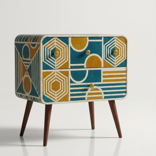 Bone Inlay End Table | Handmade Geometric Resin Accent Nightstand