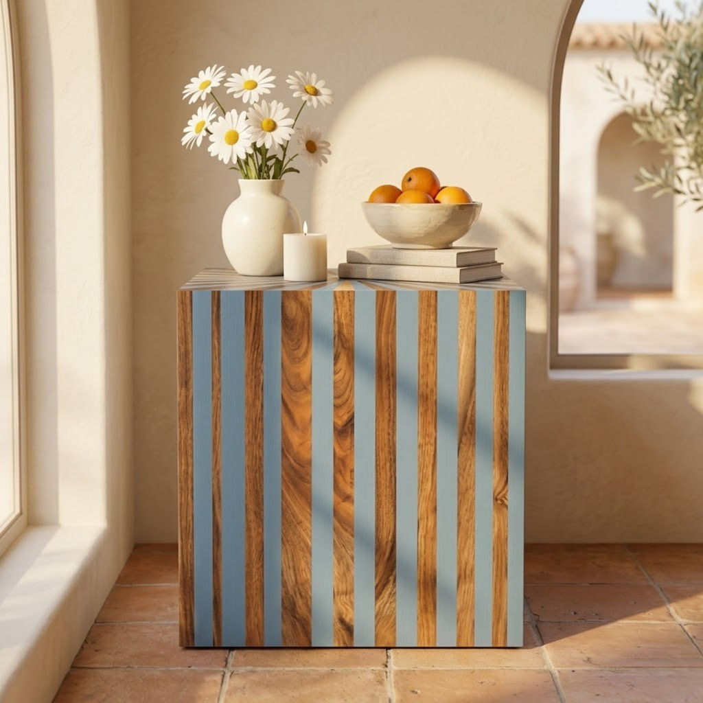 Moroccan Walnut Resin Inlay End Table | Handmade Bedside Table | Luxury Decor