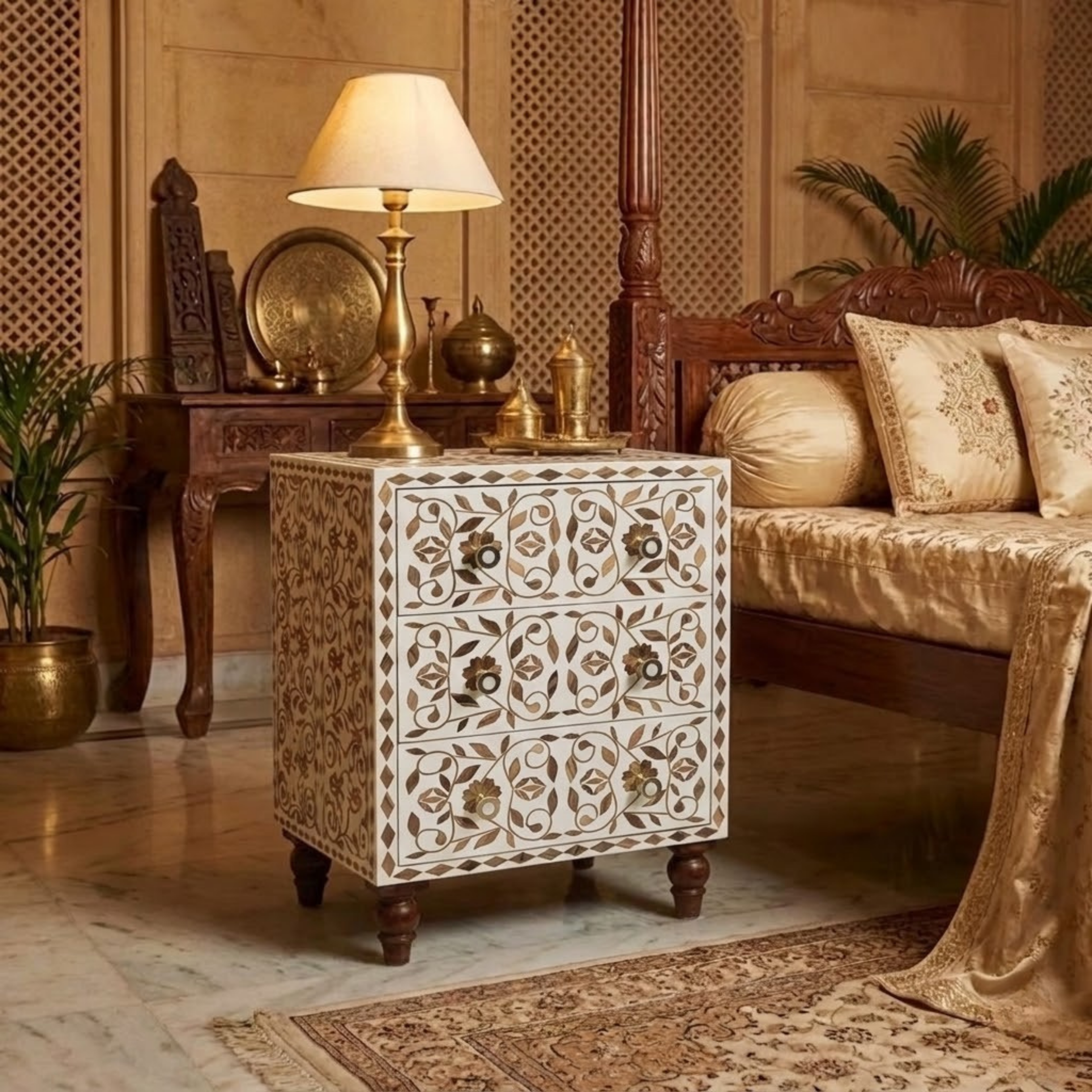 Handmade Wooden Inlay Resin End Table | Floral Pattern Bedside Table | Luxury Accent Furniture | Wood Inlay Resin Nightstand