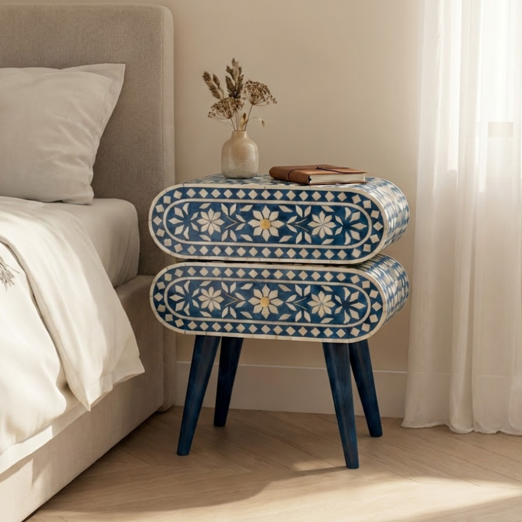 Handcrafted Bone Inlay and Resin Floral Nightstand | Modern Accent Table