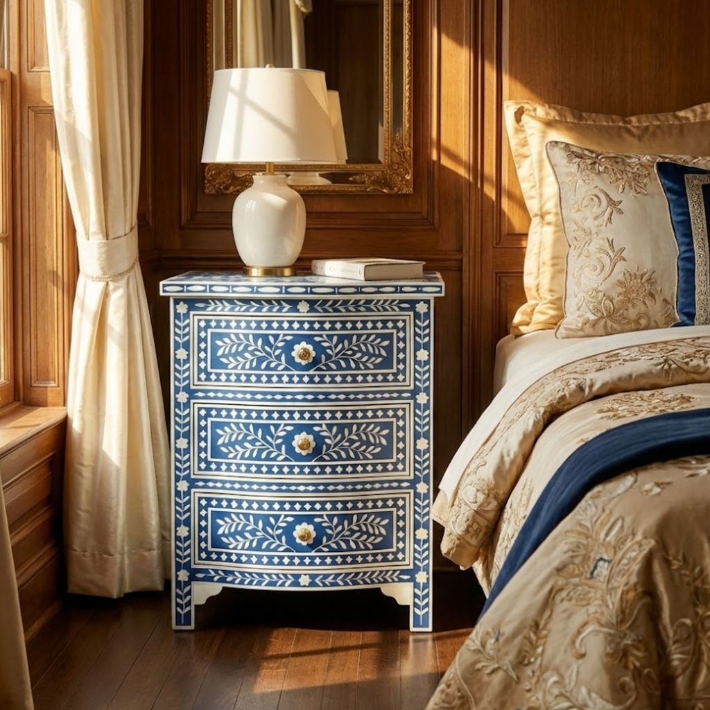 Blue Bone Inlay End Table | Handmade Resin Bedside Table | Luxury Bedroom Furniture