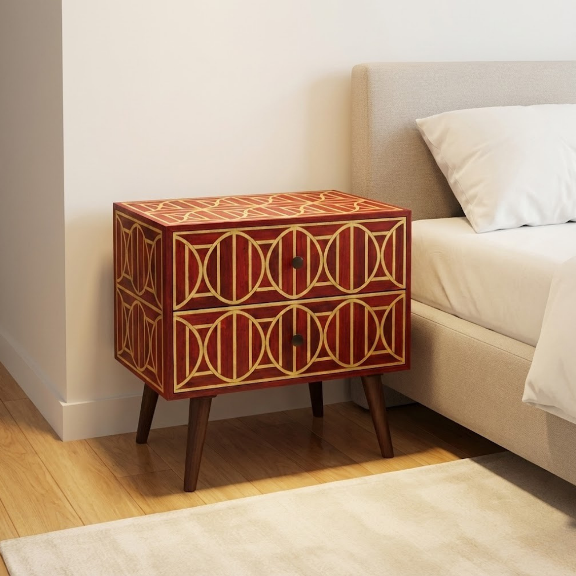 Bone Inlay Resin End Table with Drawers | Handmade Bedside Table | Modern Luxury Nightstand Decor