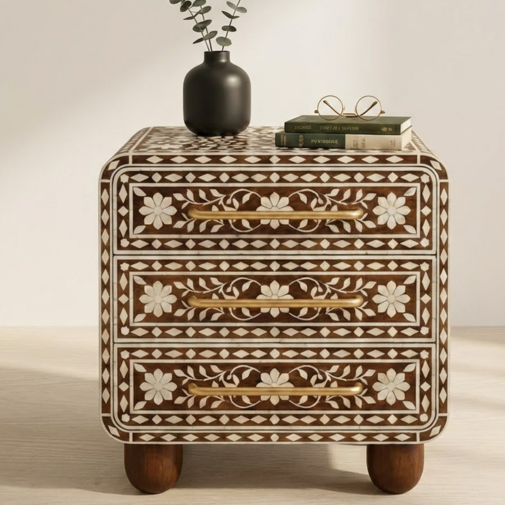 Handcrafted Bone Inlay & Resin End Table | Floral Bedside Nightstand | Luxury Home Decor