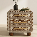 Handcrafted Bone Inlay & Resin End Table | Floral Bedside Nightstand | Luxury Home Decor