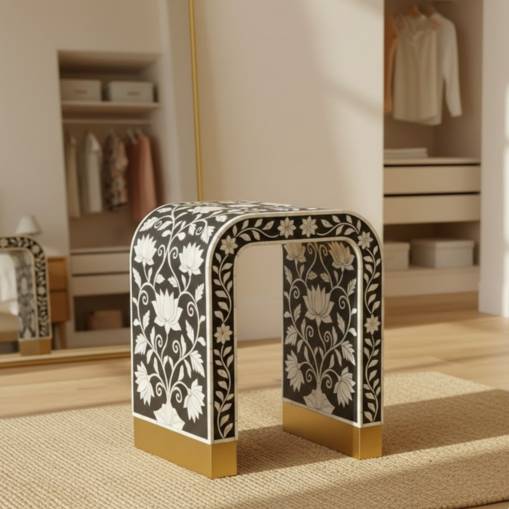 Floral Bone Inlay Accent Stool | Handmade Resin Side Table