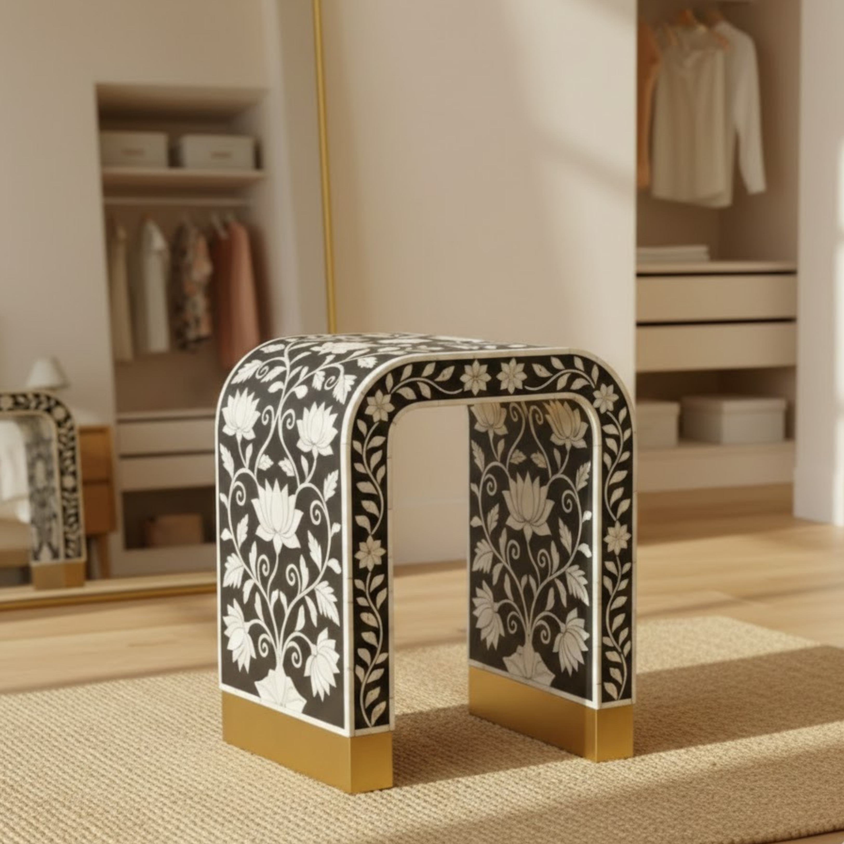 Floral Bone Inlay Accent Stool | Handmade Resin Side Table