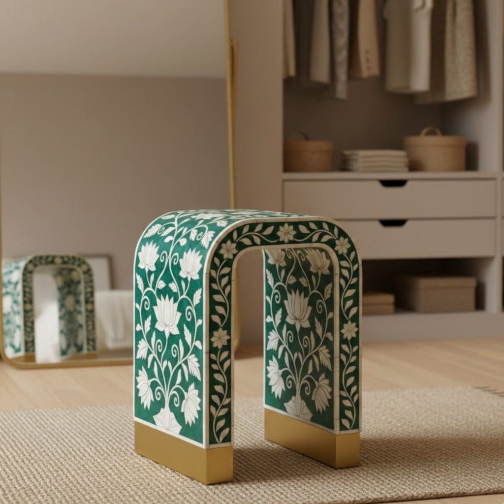 Floral Bone Inlay Accent Stool | Handmade Resin Side Table