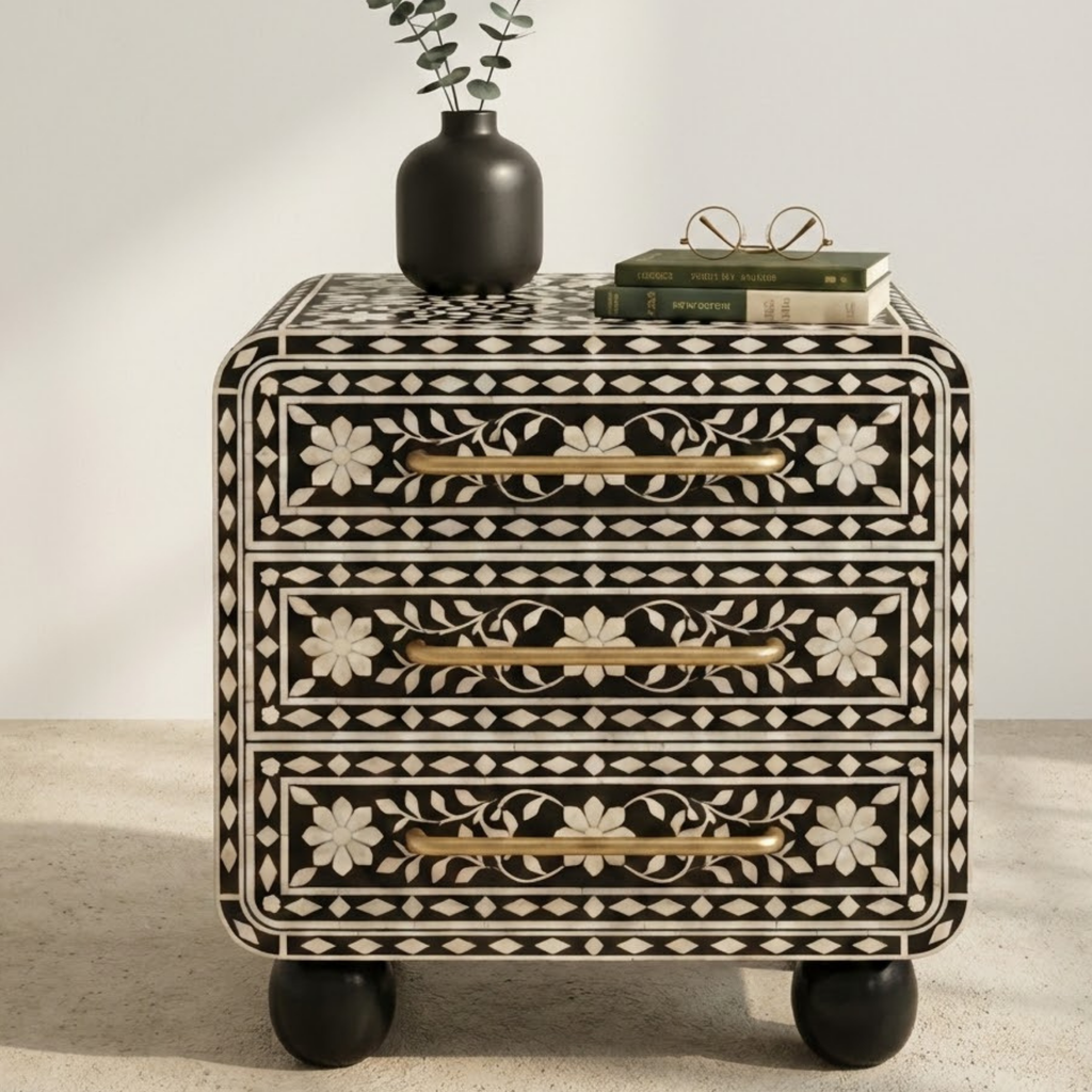Handcrafted Bone Inlay & Resin End Table | Floral Bedside Nightstand | Luxury Home Decor