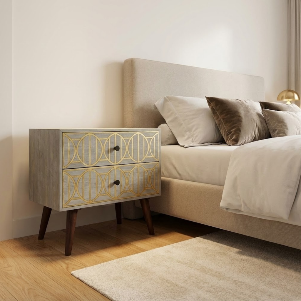 Bone Inlay Resin End Table with Drawers | Handmade Bedside Table | Modern Luxury Nightstand Decor