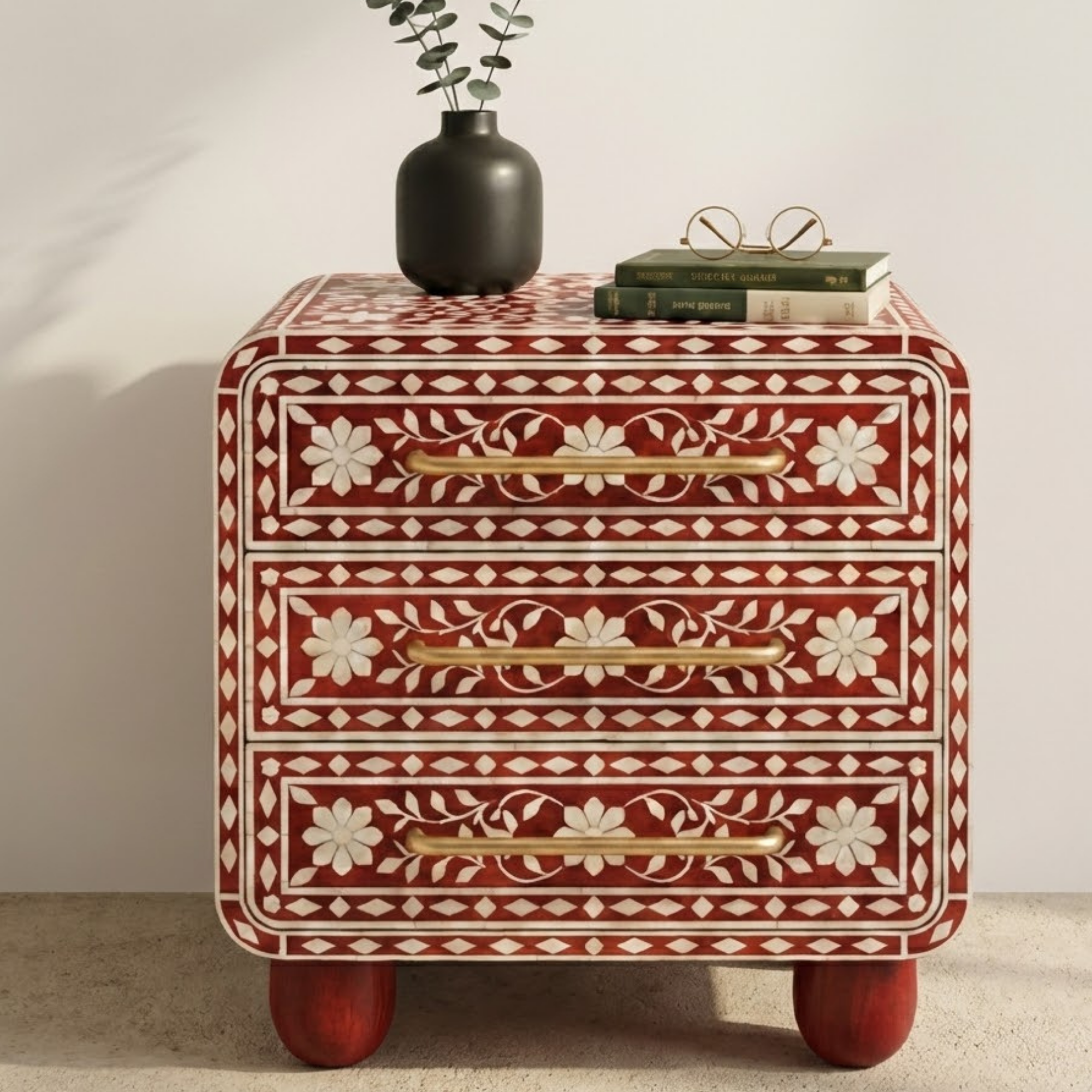 Handcrafted Bone Inlay & Resin End Table | Floral Bedside Nightstand | Luxury Home Decor