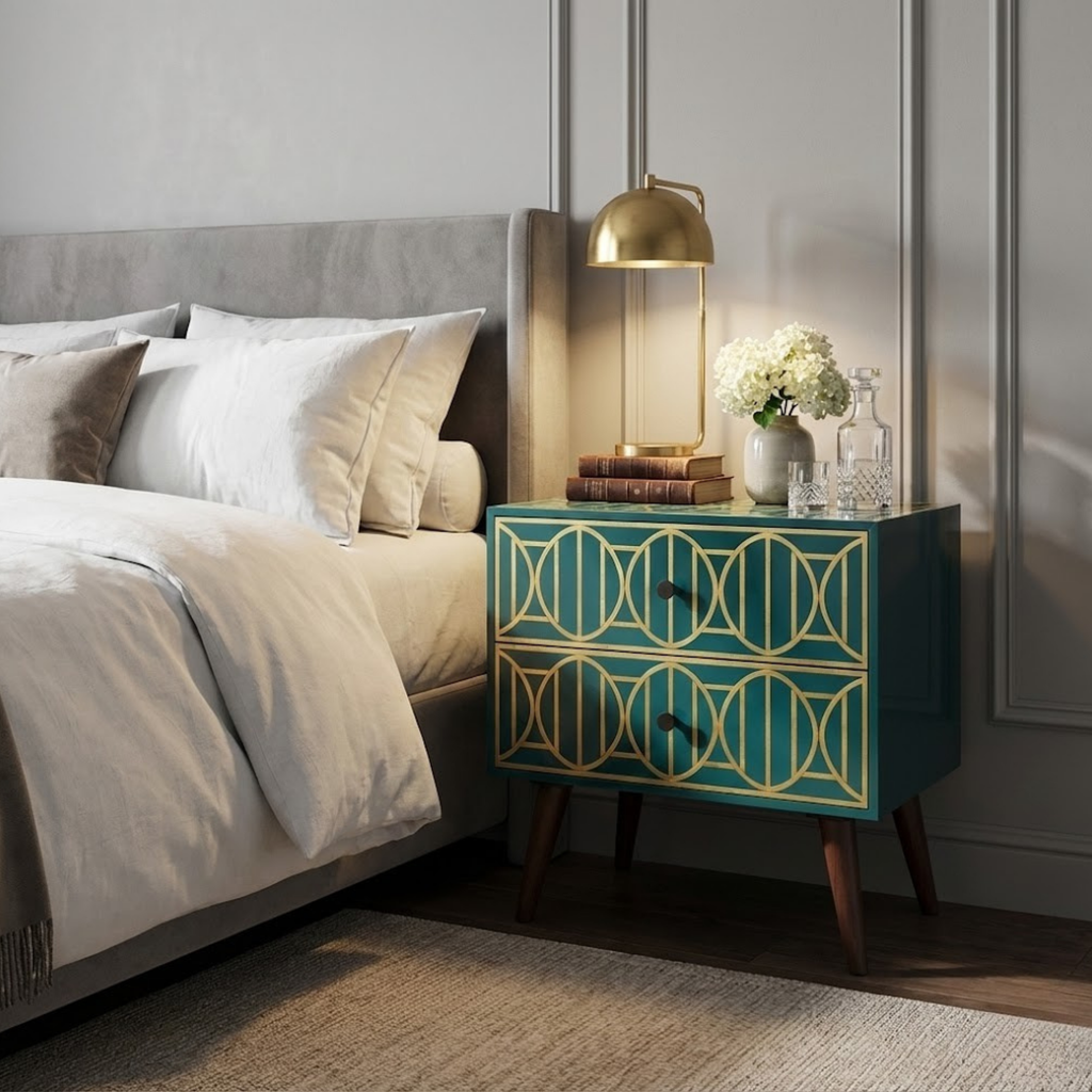 Bone Inlay Resin End Table with Drawers | Handmade Bedside Table | Modern Luxury Nightstand Decor