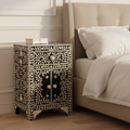 Bone Inlay & Resin End Table | Handmade Black Floral Bedside Table | Luxury Accent Nightstand Furniture