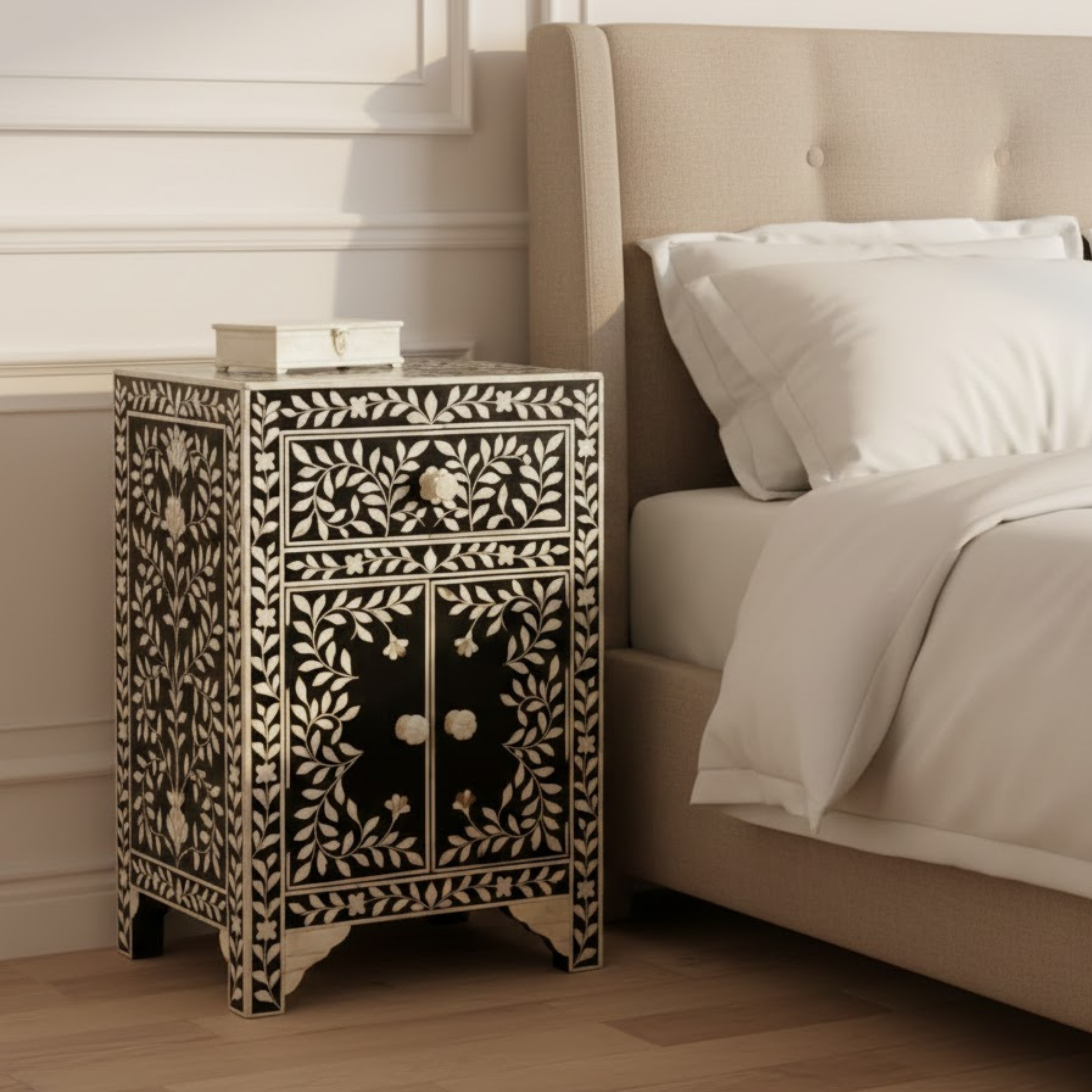 Bone Inlay & Resin End Table | Handmade Black Floral Bedside Table | Luxury Accent Nightstand Furniture