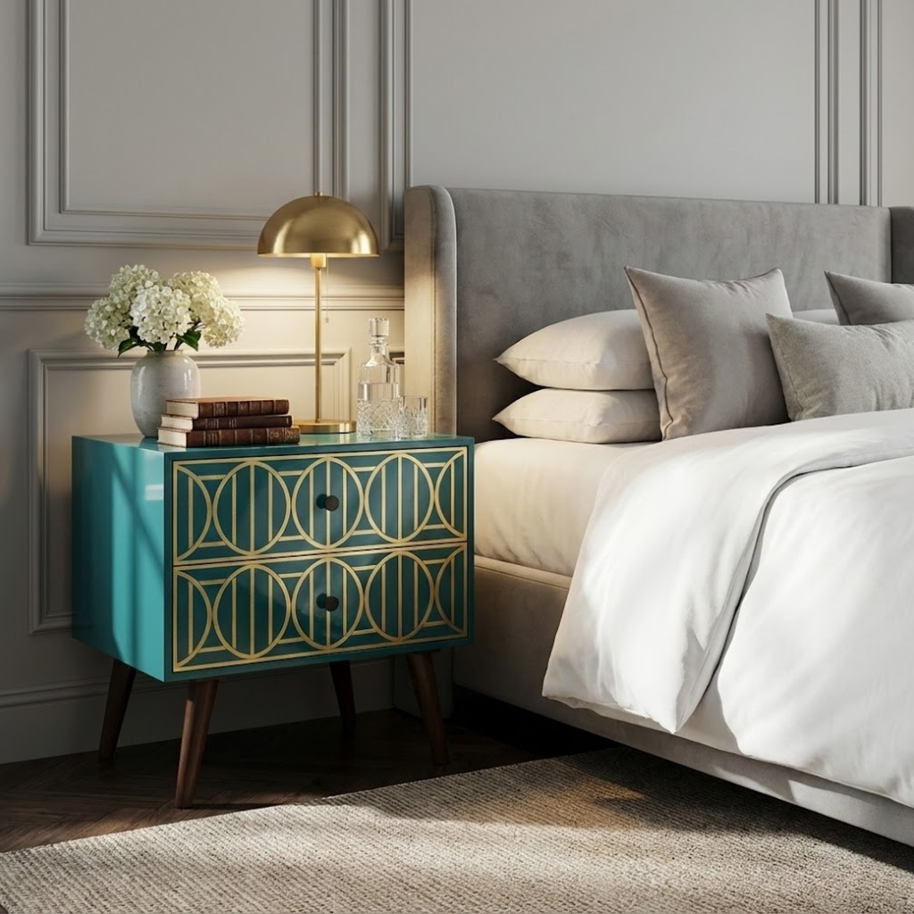 Bone Inlay Resin End Table with Drawers | Handmade Bedside Table | Modern Luxury Nightstand Decor
