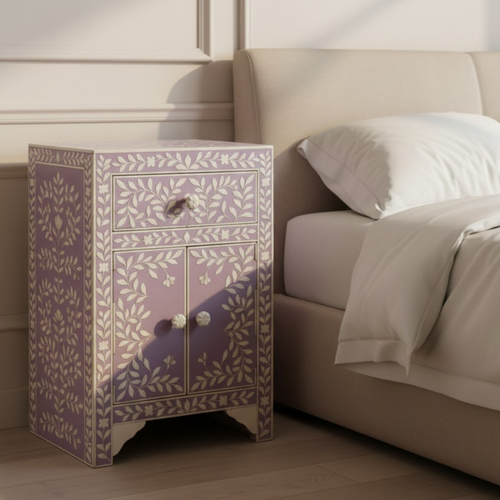 Bone Inlay & Resin End Table | Handmade Black Floral Bedside Table | Luxury Accent Nightstand Furniture