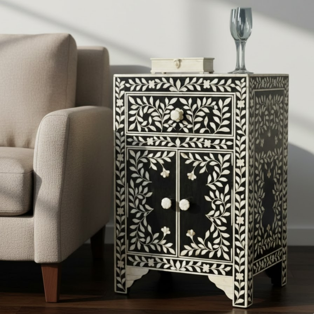 Bone Inlay & Resin End Table | Handmade Black Floral Bedside Table | Luxury Accent Nightstand Furniture