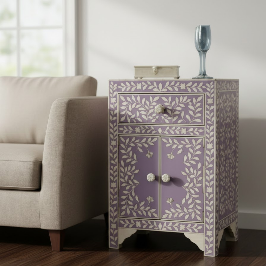 Bone Inlay & Resin End Table | Handmade Black Floral Bedside Table | Luxury Accent Nightstand Furniture