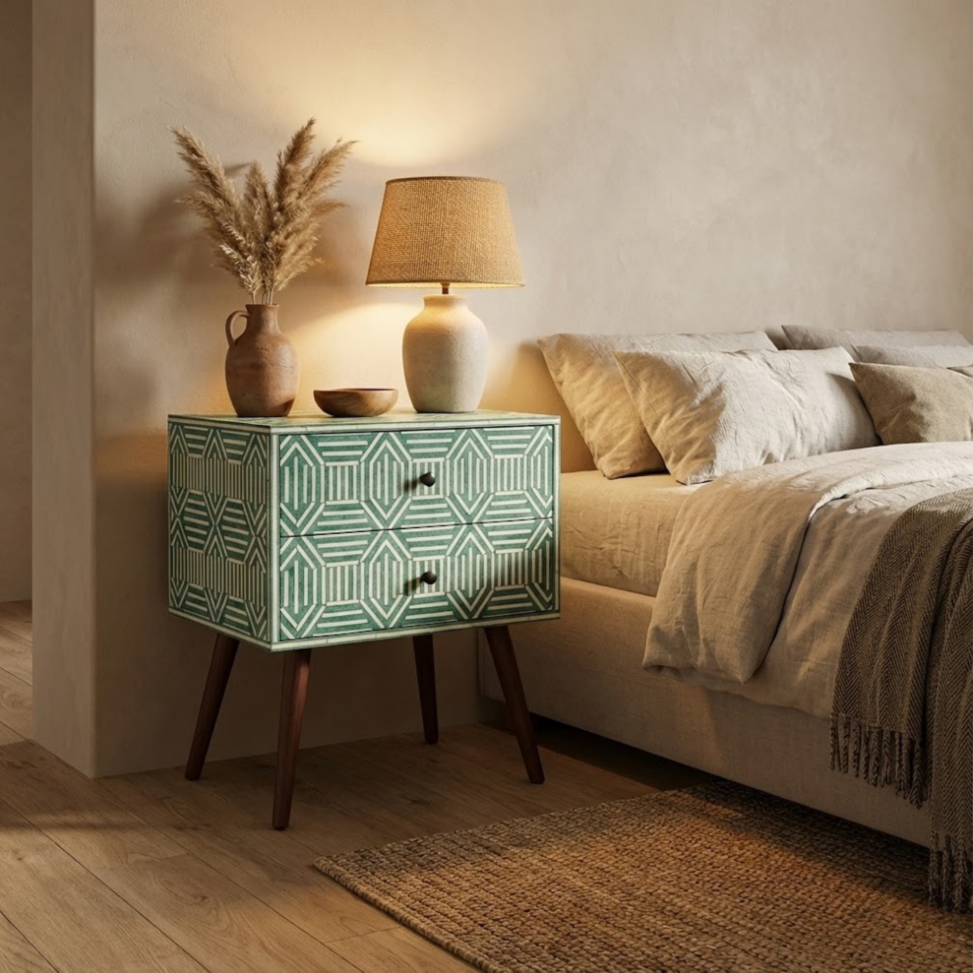 Handcrafted Bone Inlay & Resin Nightstand | Luxury Bedside End Table | Artisan Furniture | Elegant Decor