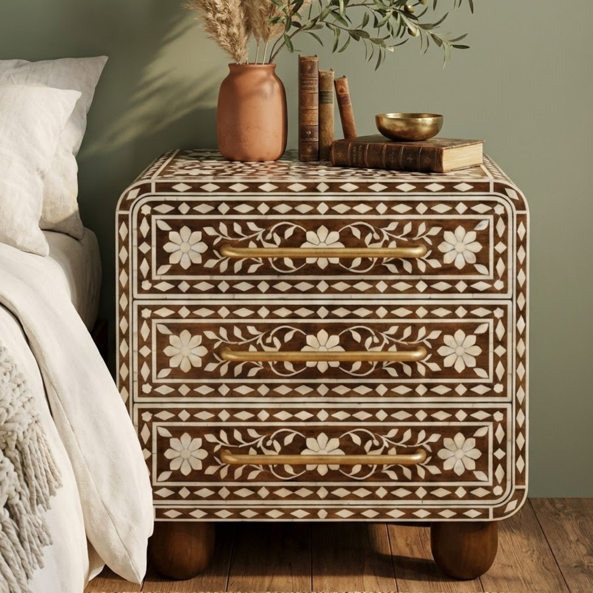 Handcrafted Bone Inlay & Resin End Table | Floral Bedside Nightstand | Luxury Home Decor