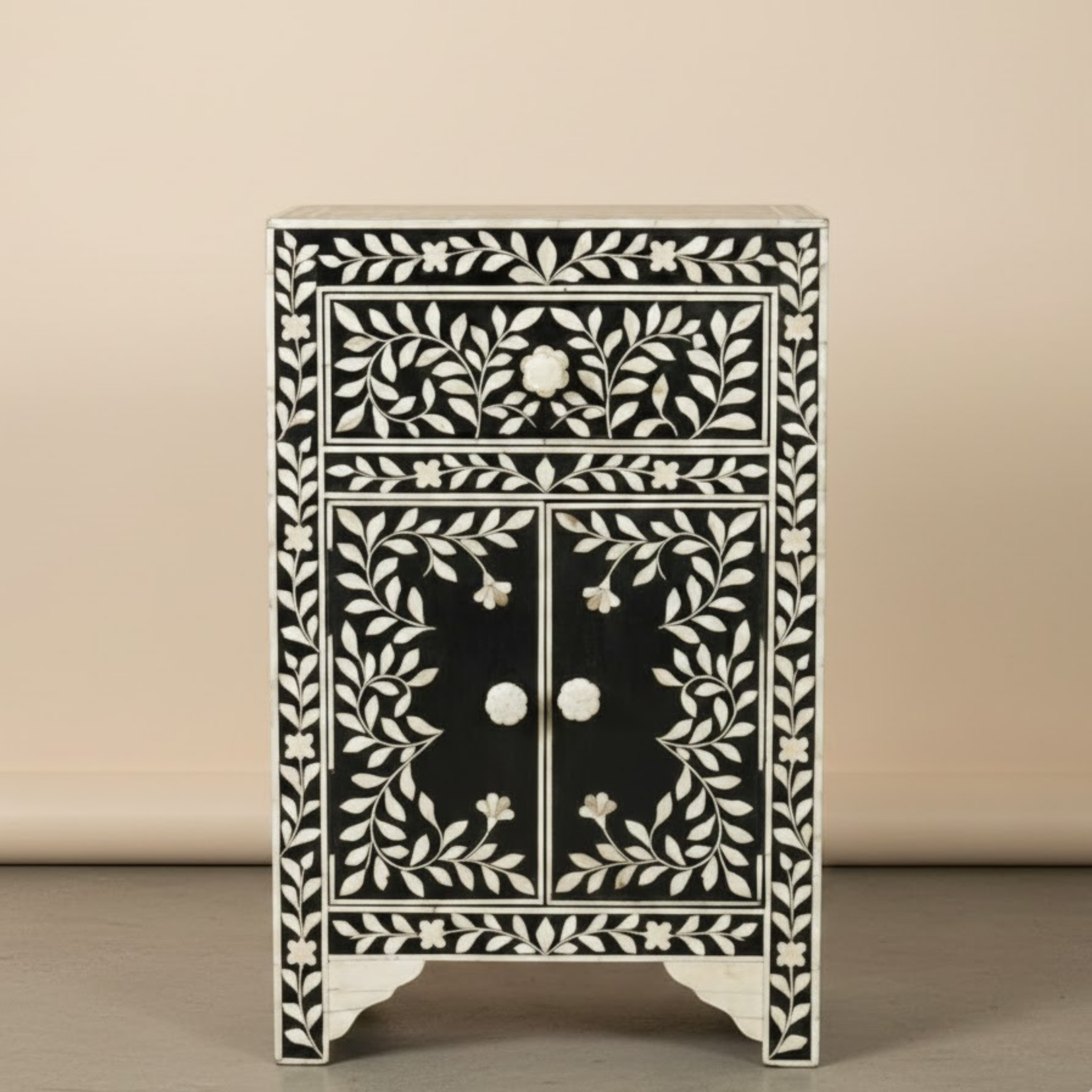 Bone Inlay & Resin End Table | Handmade Black Floral Bedside Table | Luxury Accent Nightstand Furniture