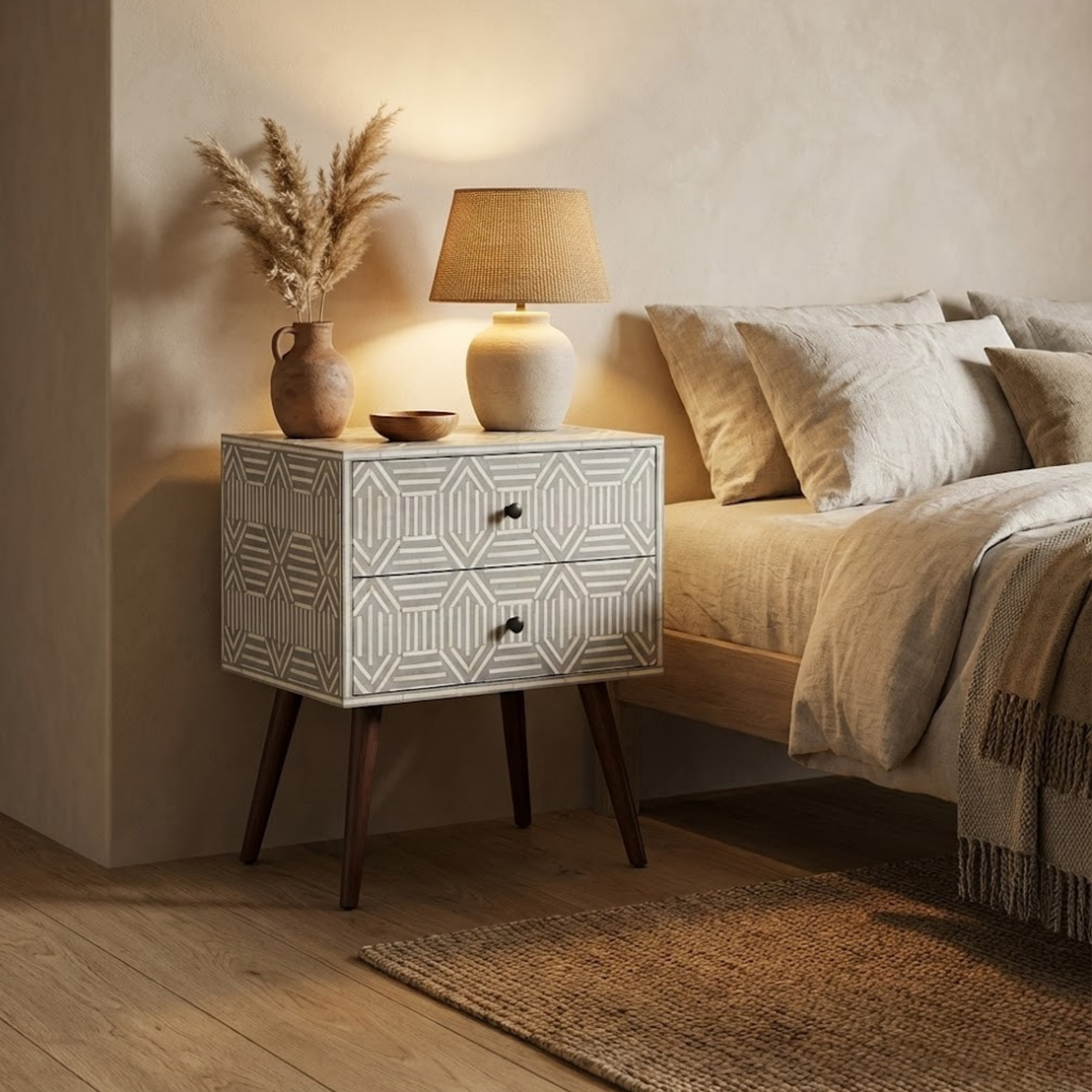 Handcrafted Bone Inlay & Resin Nightstand | Luxury Bedside End Table | Artisan Furniture | Elegant Decor