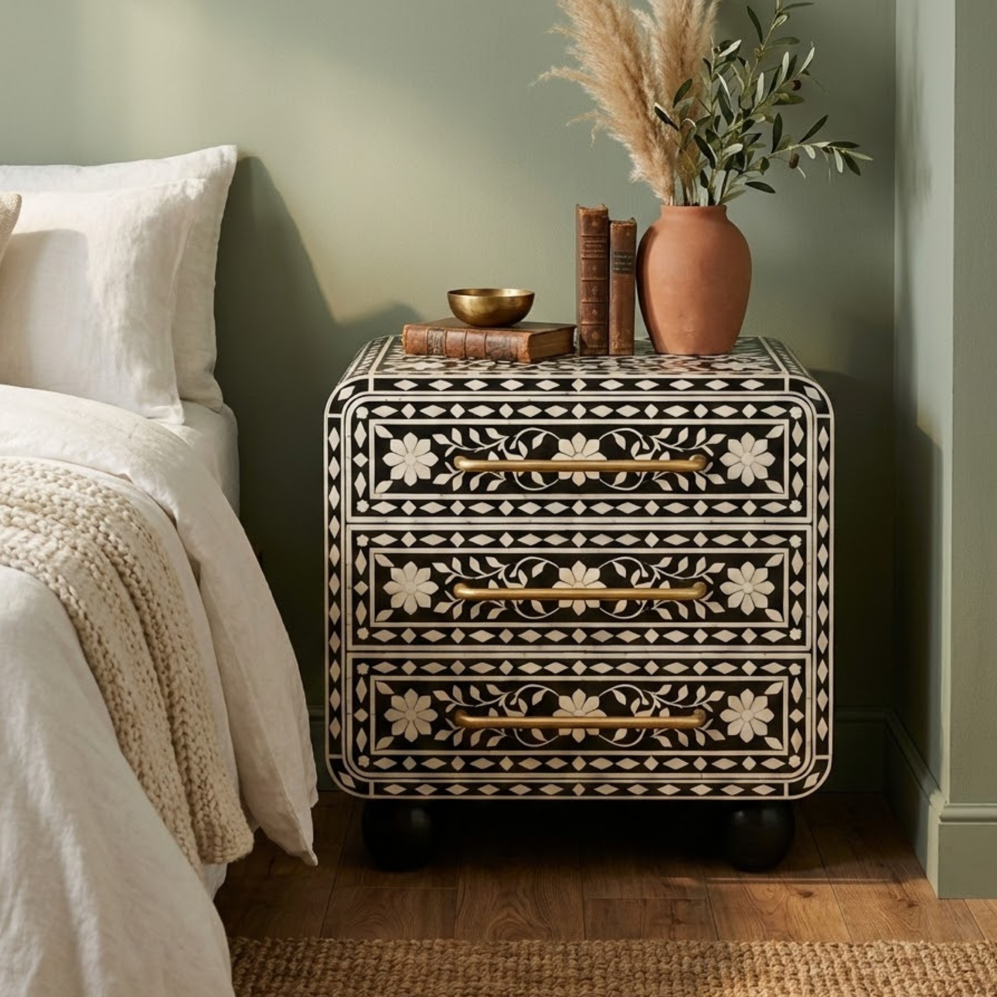 Handcrafted Bone Inlay & Resin End Table | Floral Bedside Nightstand | Luxury Home Decor