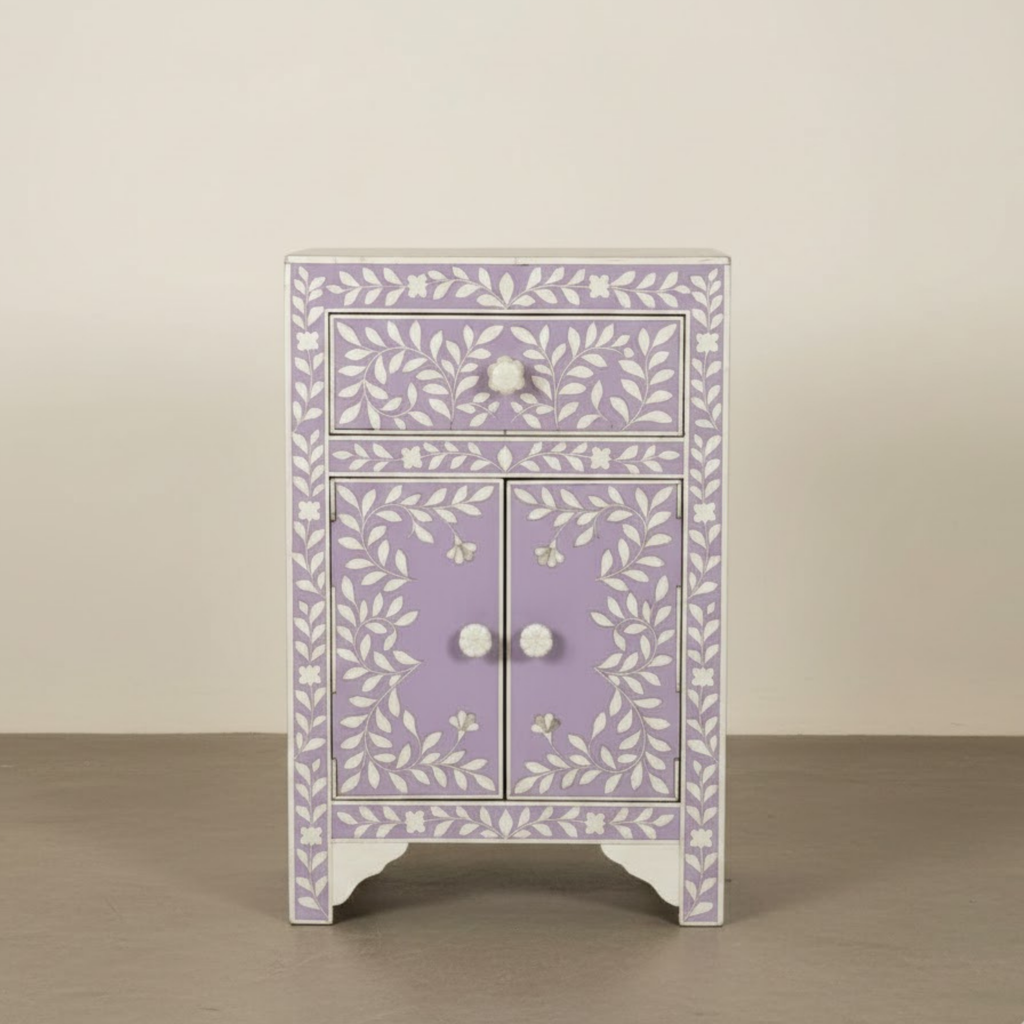 Bone Inlay & Resin End Table | Handmade Black Floral Bedside Table | Luxury Accent Nightstand Furniture