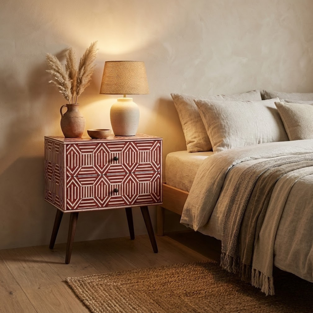 Handcrafted Bone Inlay & Resin Nightstand | Luxury Bedside End Table | Artisan Furniture | Elegant Decor