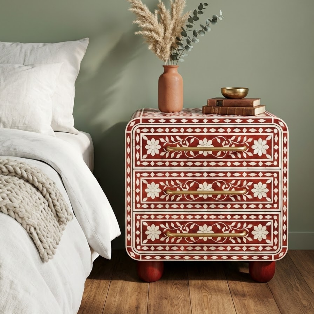 Handcrafted Bone Inlay & Resin End Table | Floral Bedside Nightstand | Luxury Home Decor