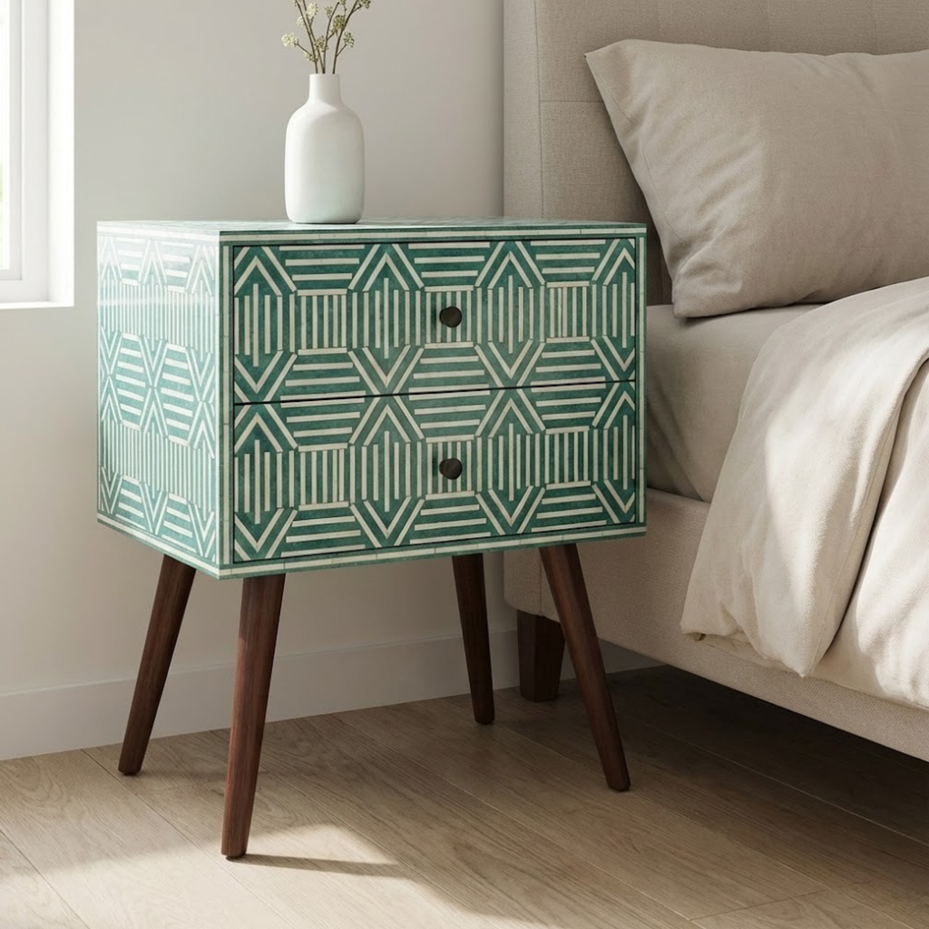 Handcrafted Bone Inlay & Resin Nightstand | Luxury Bedside End Table | Artisan Furniture | Elegant Decor