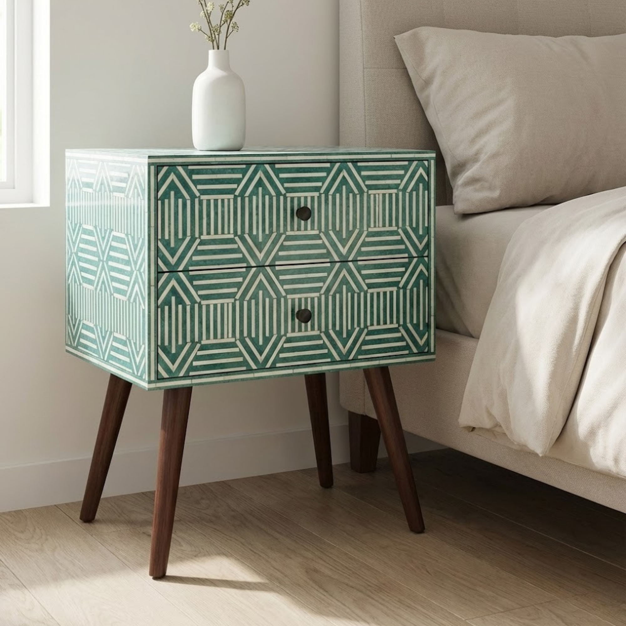 Handcrafted Bone Inlay & Resin Nightstand | Luxury Bedside End Table | Artisan Furniture | Elegant Decor