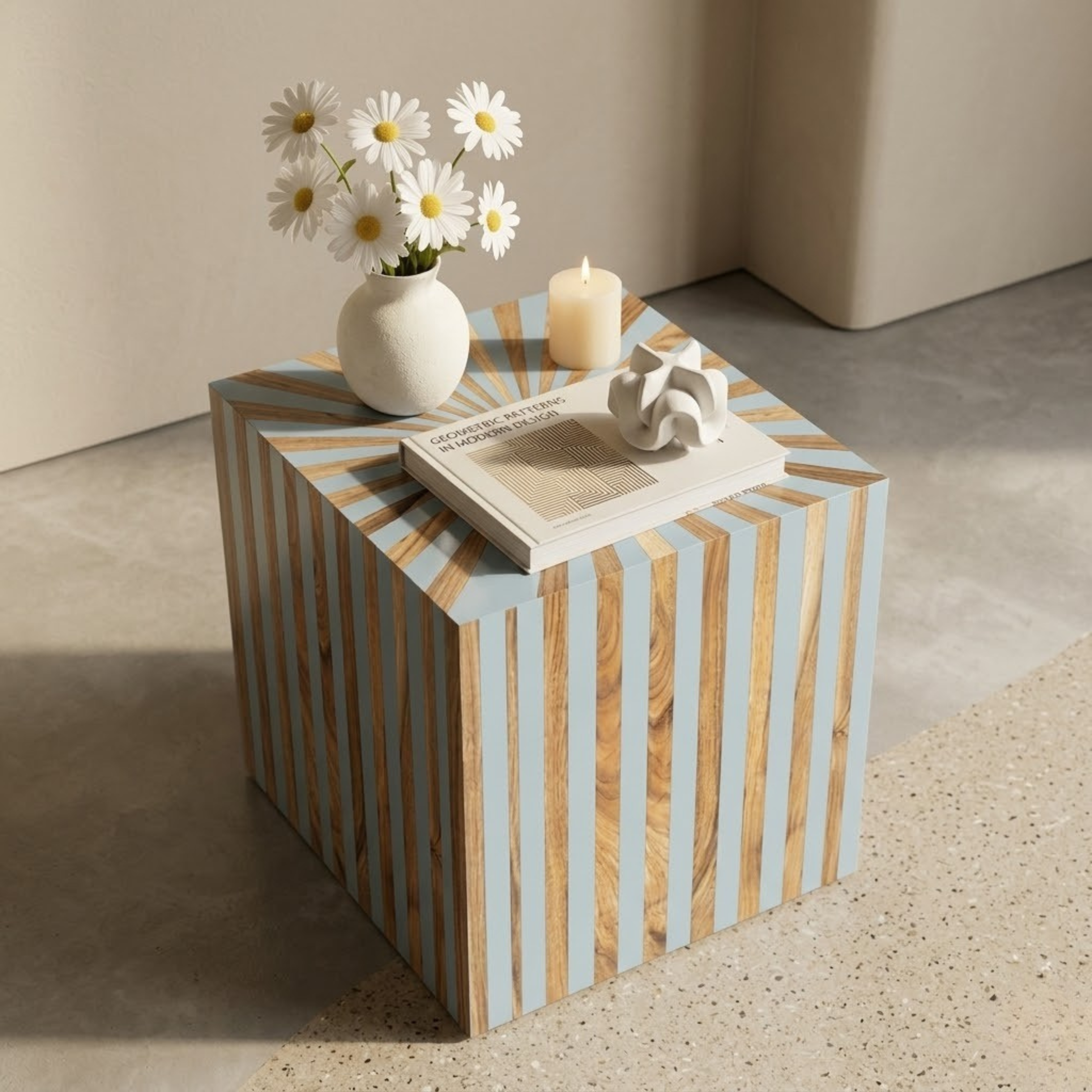 Moroccan Walnut Resin Inlay End Table | Handmade Bedside Table | Luxury Decor