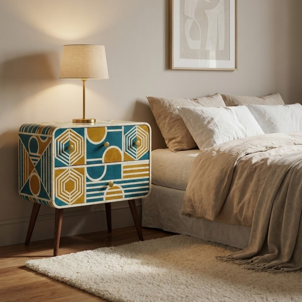 Bone Inlay End Table | Handmade Geometric Resin Accent Nightstand