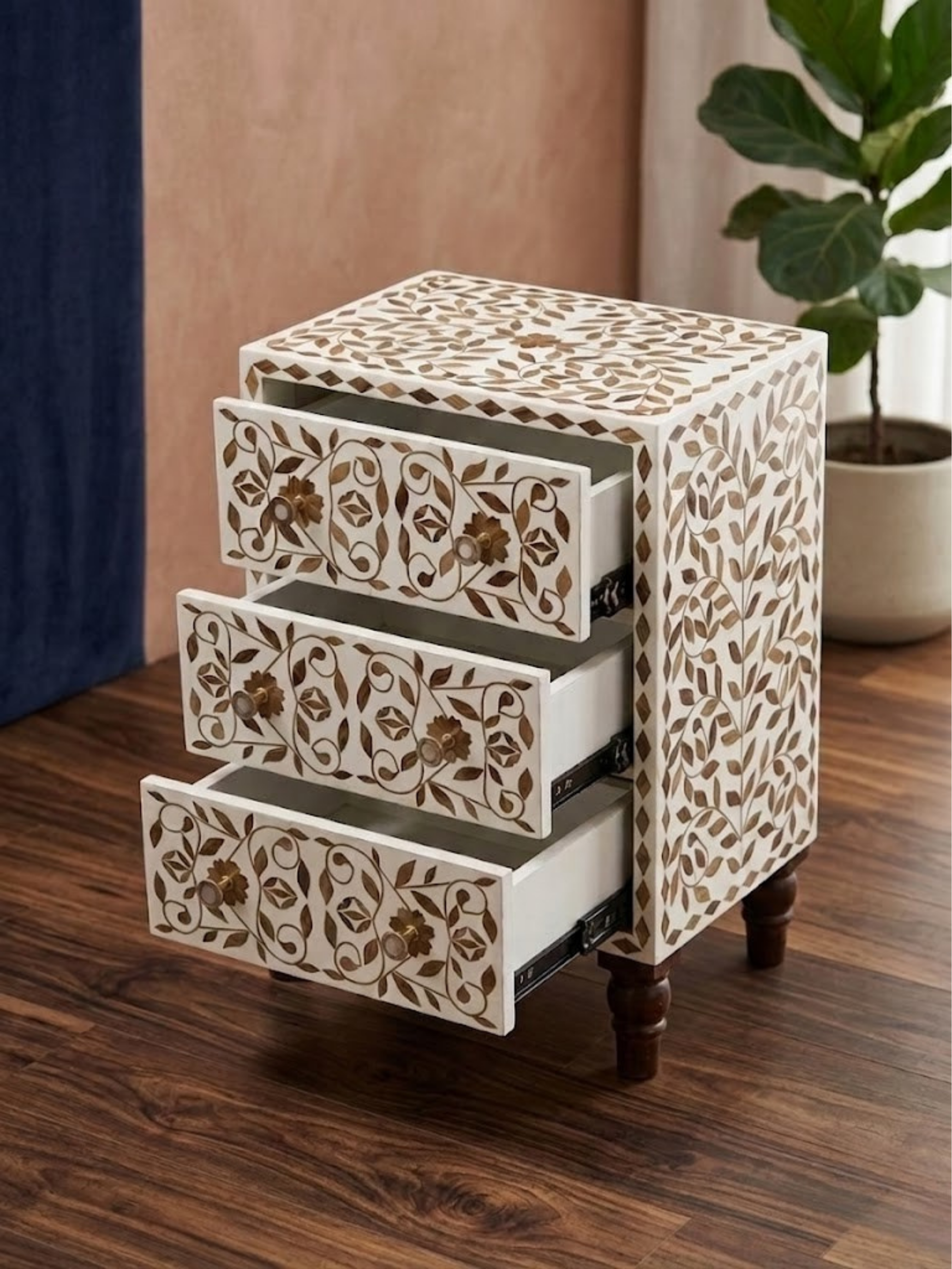 Handmade Wooden Inlay Resin End Table | Floral Pattern Bedside Table | Luxury Accent Furniture | Wood Inlay Resin Nightstand