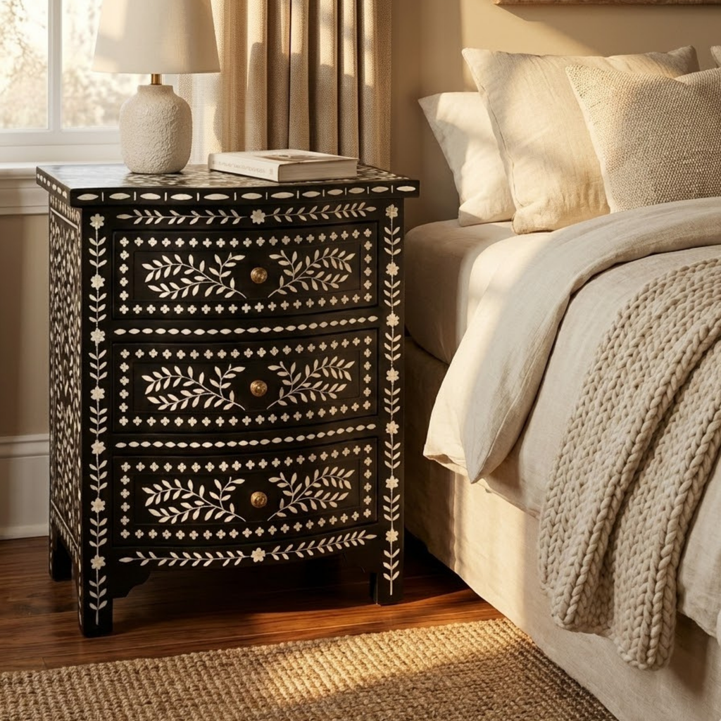 Blue Bone Inlay End Table | Handmade Resin Bedside Table | Luxury Bedroom Furniture