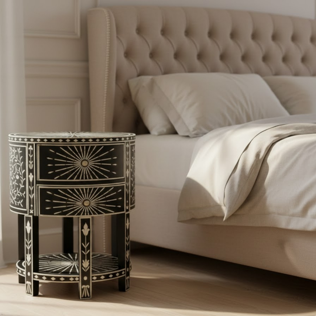 Black Bone Inlay End Table | Handmade Resin Side Table | Luxury Home Decor Accent Furniture