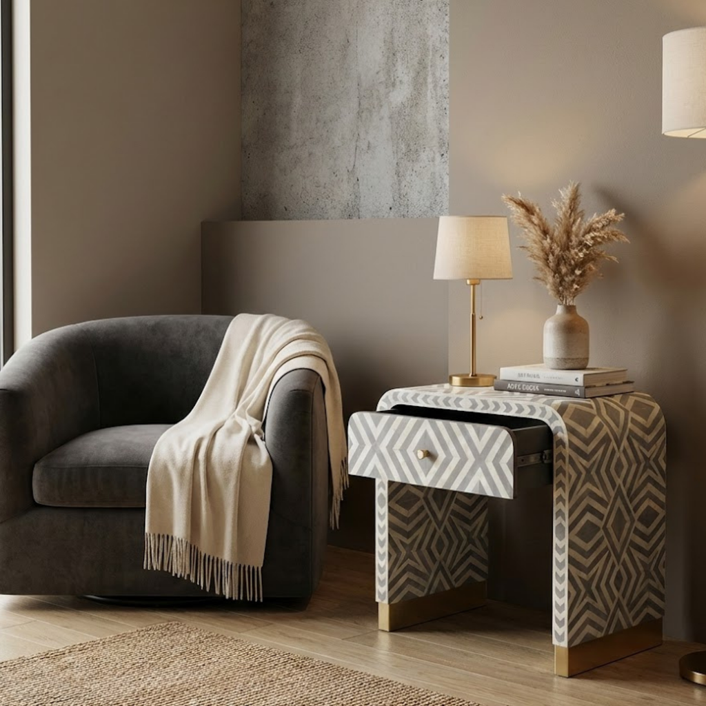 Handcrafted Bone Inlay & Resin End Table | Modern Geometric Nightstand | Luxury Decor | Designer Furniture