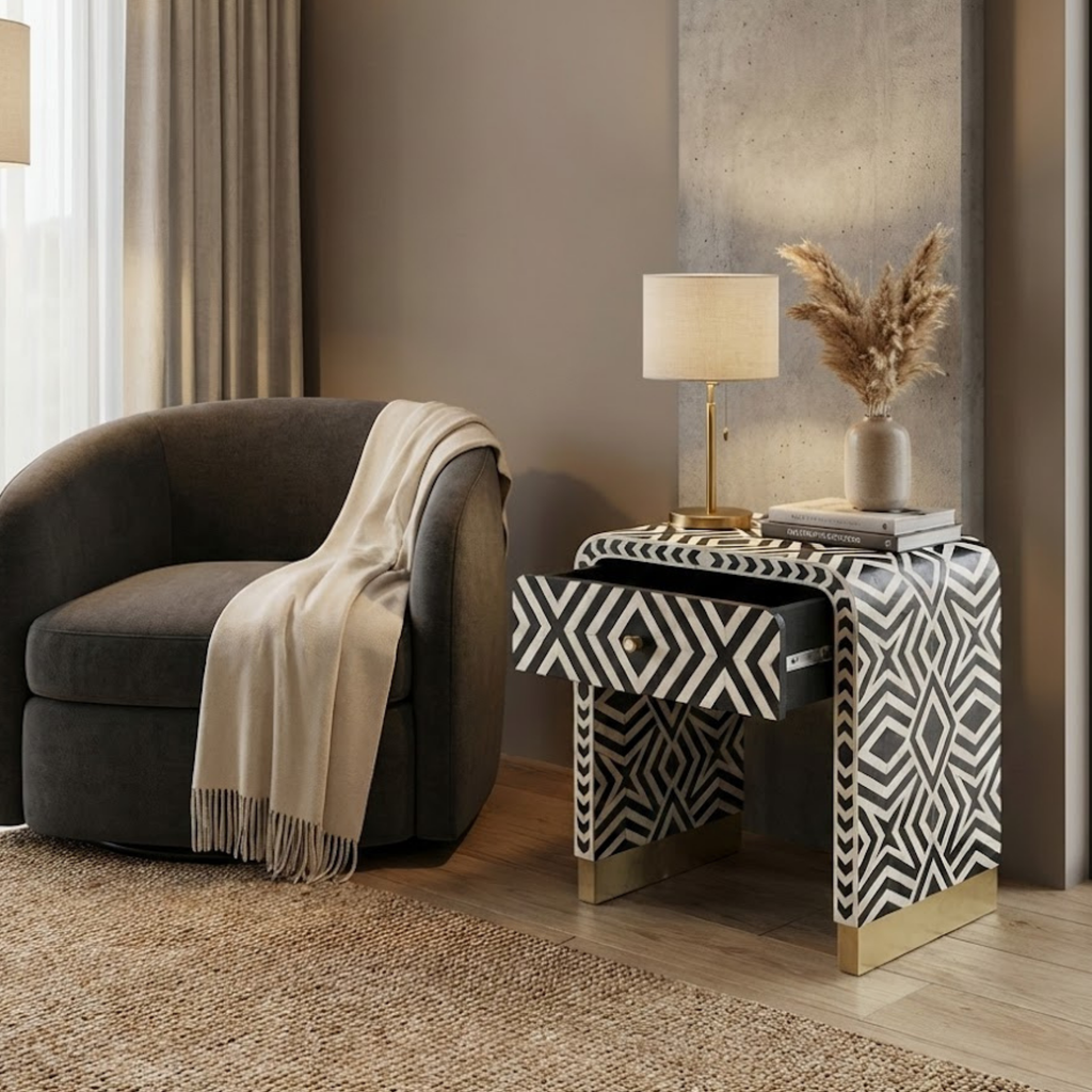 Handcrafted Bone Inlay & Resin End Table | Modern Geometric Nightstand | Luxury Decor | Designer Furniture