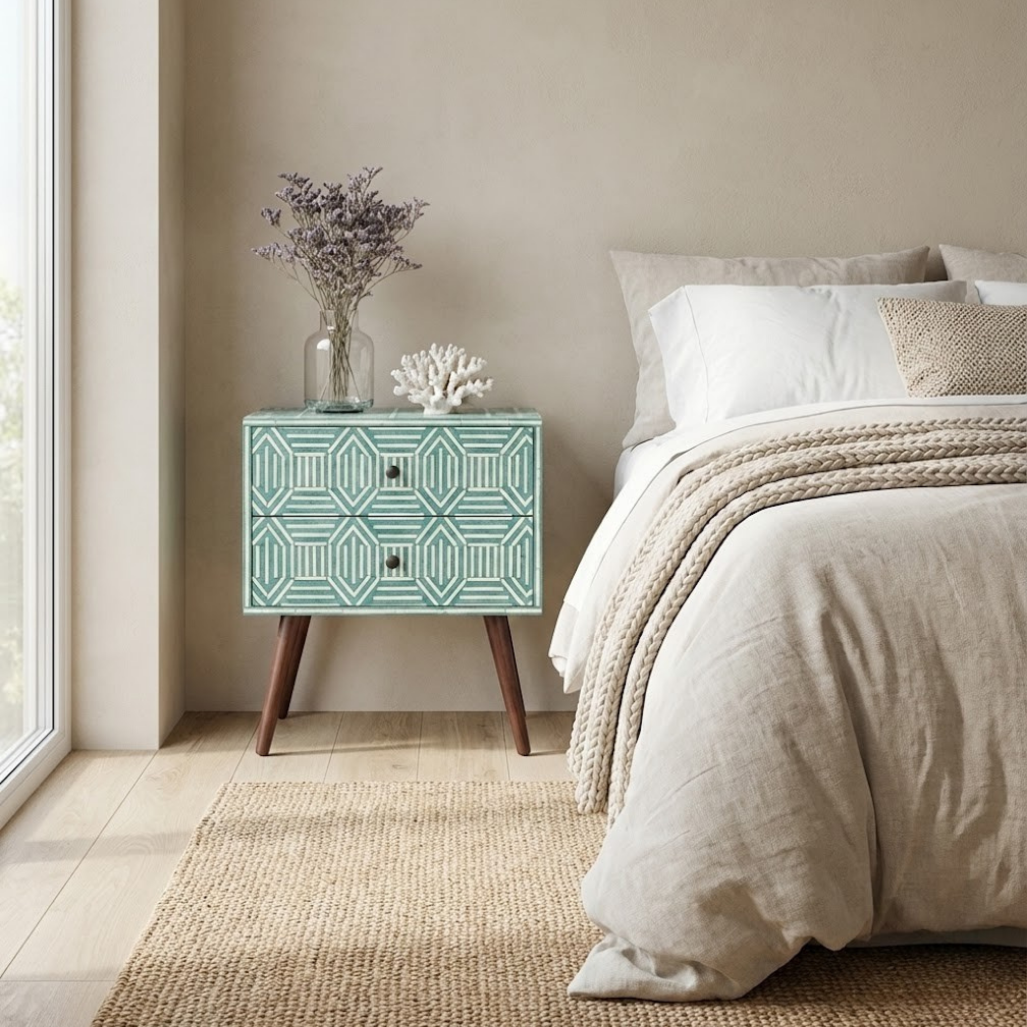 Handcrafted Bone Inlay & Resin Nightstand | Luxury Bedside End Table | Artisan Furniture | Elegant Decor